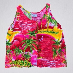 Vintage pink tropical rayon tank top with buttons, palm trees island, resortwear